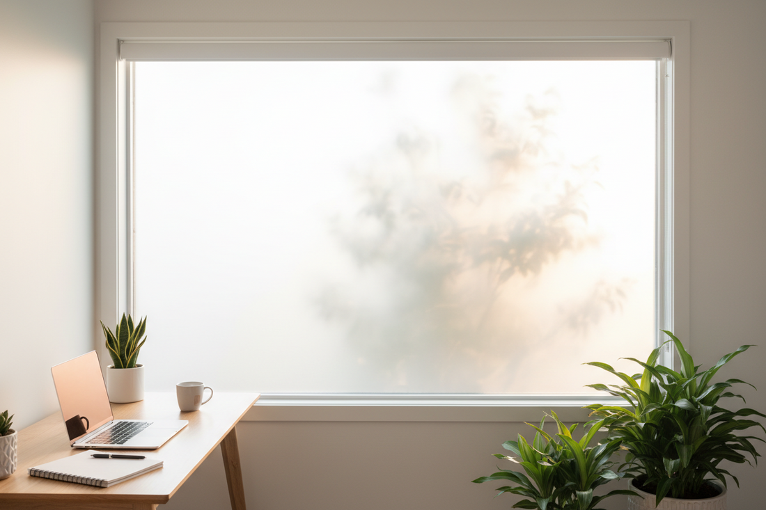 Modern home office with frosted privacy window film allowing natural light while blocking outside view for remote work privacy