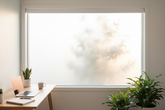 Modern home office with frosted privacy window film allowing natural light while blocking outside view for remote work privacy