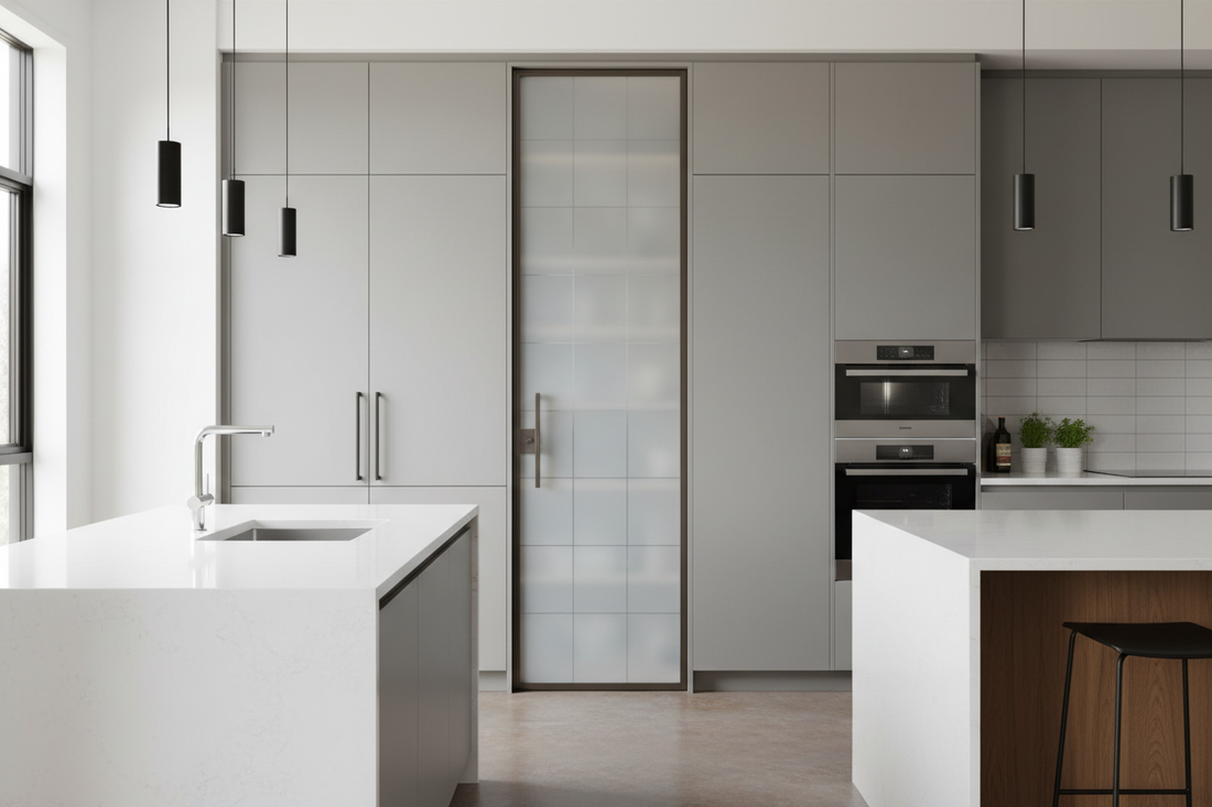 Modern kitchen featuring elegant frosted privacy film on glass pantry door