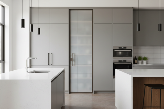 Modern kitchen featuring elegant frosted privacy film on glass pantry door