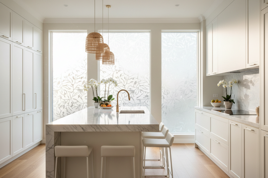 Modern kitchen with frosted privacy window film allowing natural light while maintaining privacy
