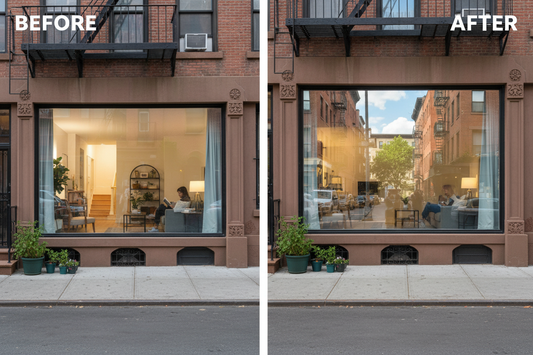 Before and after comparison of ground-floor apartment window showing privacy improvement with one-way mirror reflective film