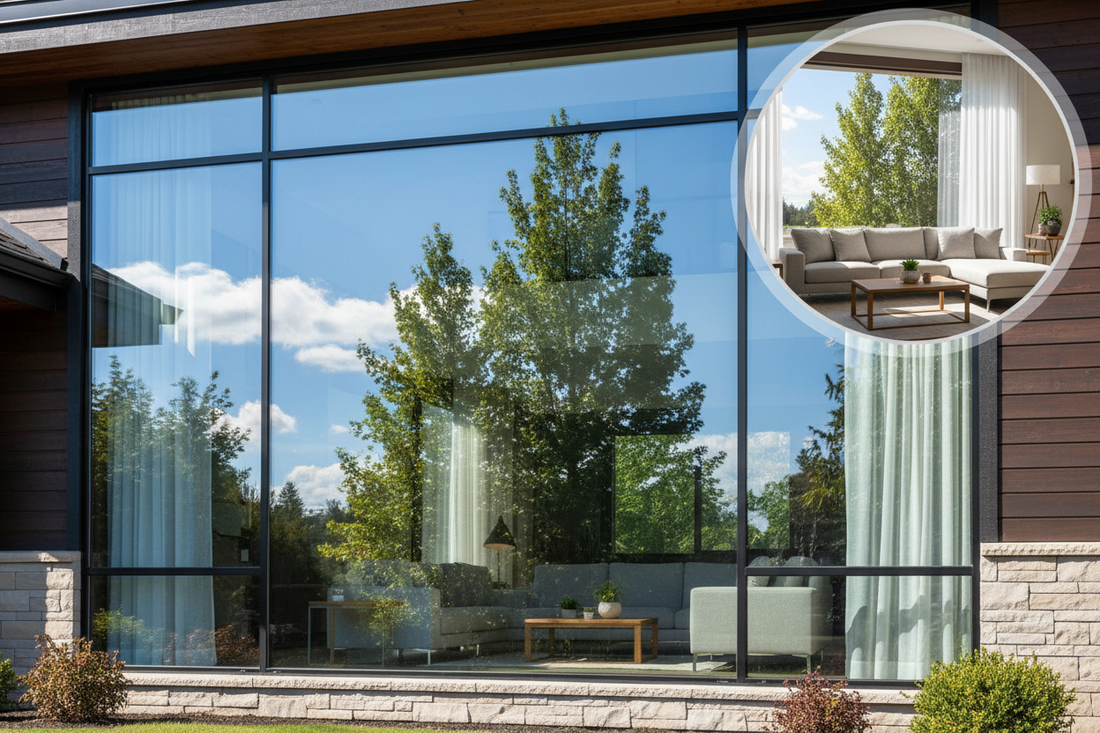 One-way mirror window film showing reflective exterior for daytime privacy and heat rejection while maintaining clear outward visibility from inside