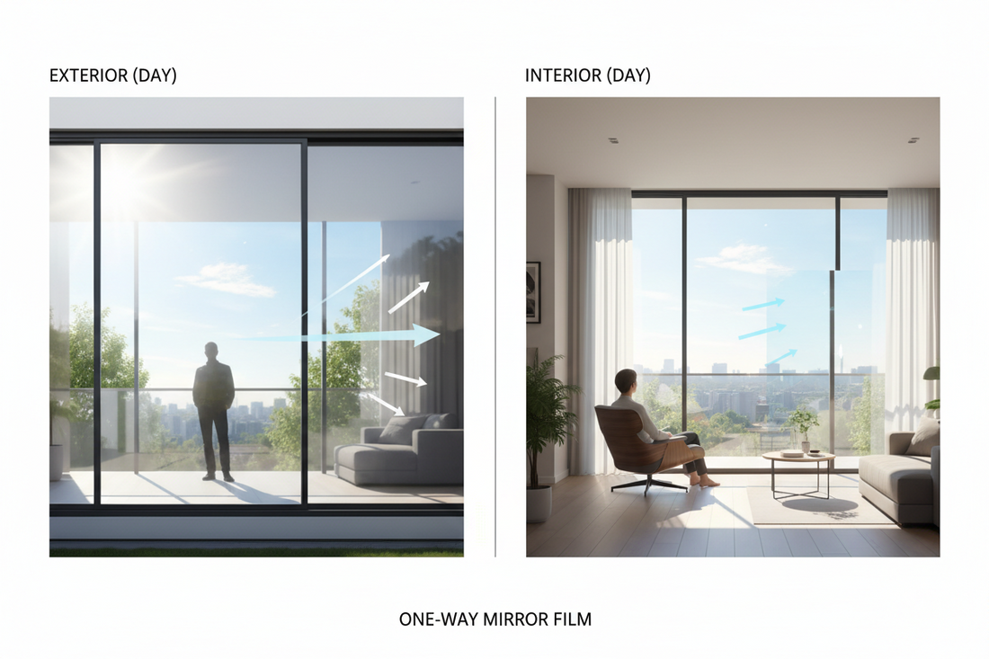 Split view demonstration of one-way mirror window film showing reflective exterior surface during daytime and clear outward visibility from interior, illustrating how reflective privacy film works with light differentia