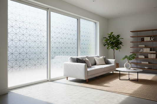 Modern living room with sliding glass patio doors featuring elegant frosted privacy film that diffuses natural light while maintaining privacy, showcasing a contemporary home interior design