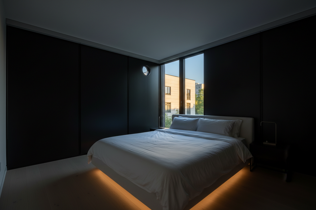 Modern American bedroom with blackout window film creating complete darkness for optimal sleep, featuring minimalist design and peaceful sleeping environment