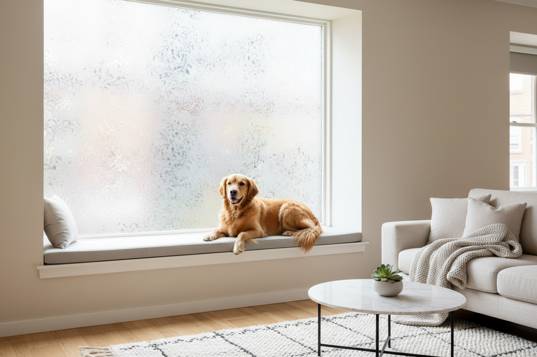 Happy golden retriever sitting on window seat looking through frosted privacy window film with soft natural light filtering through scratch-resistant static cling film