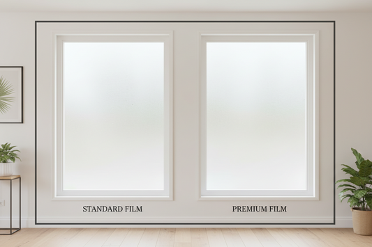 Side-by-side comparison of standard and premium frosted privacy window film showing quality differences in clarity and finish in a modern home interior