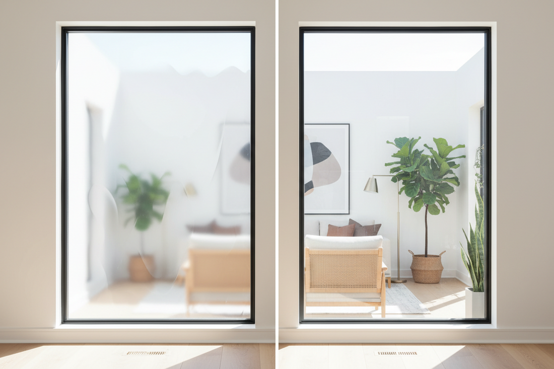 Side-by-side comparison of standard and premium window privacy film showing optical clarity differences in a modern home interior with natural sunlight