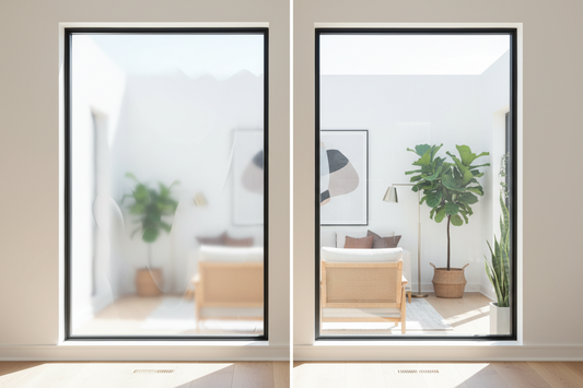 Side-by-side comparison of standard and premium window privacy film showing optical clarity differences in a modern home interior with natural sunlight