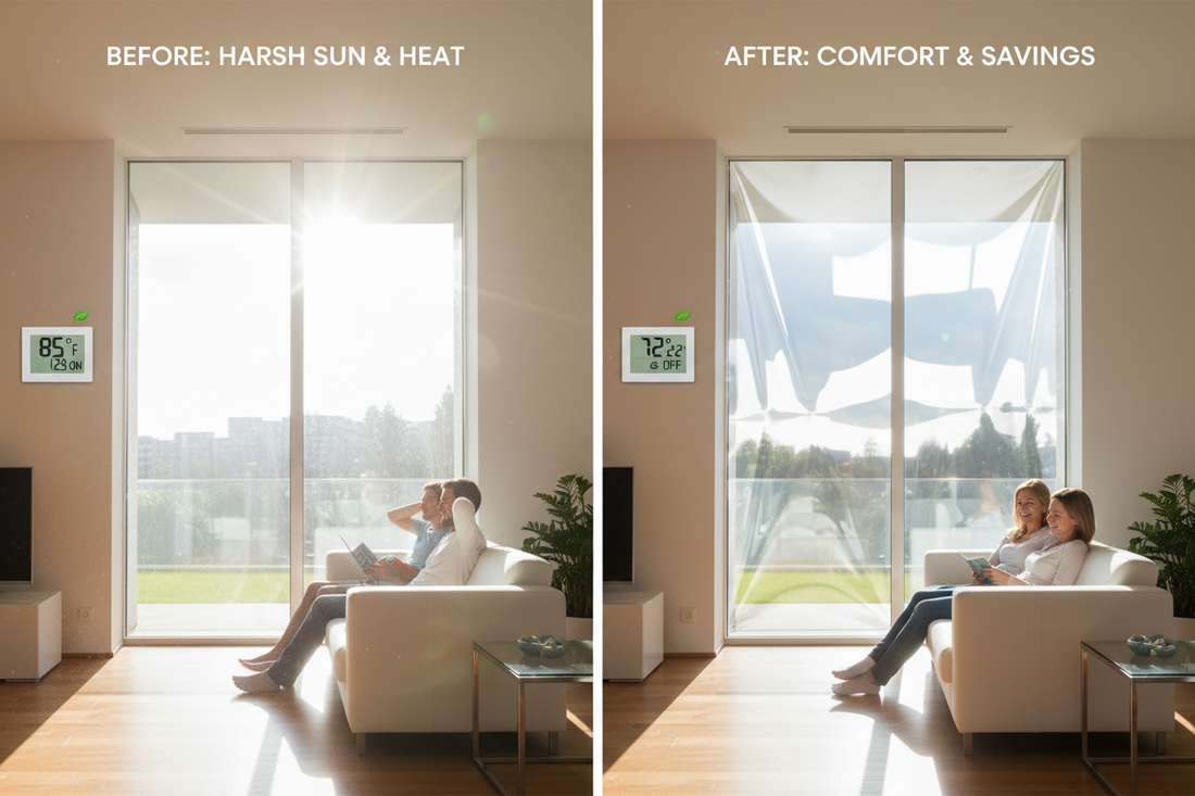 Before and after comparison of reflective window film installation showing heat reduction and energy savings - sunlight reflected from exterior while interior stays cool and comfortable, demonstrating lower AC bills and improved home energy efficiency