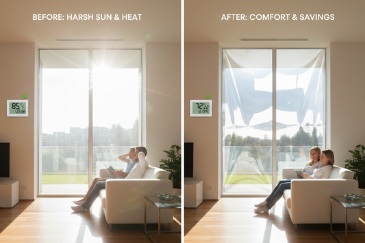 Before and after comparison of reflective window film installation showing heat reduction and energy savings - sunlight reflected from exterior while interior stays cool and comfortable, demonstrating lower AC bills and improved home energy efficiency