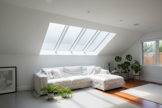 Modern skylight with frosted privacy film diffusing natural light in contemporary home interior