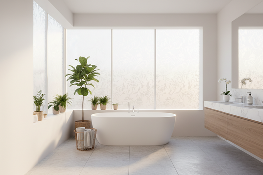 Bright modern bathroom with frosted window privacy film allowing natural spring sunlight while maintaining privacy, featuring minimalist spa-like decor with plants and clean white surfaces