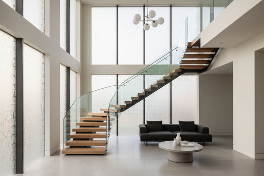  Modern stairwell with frosted privacy film allowing natural light while maintaining privacy