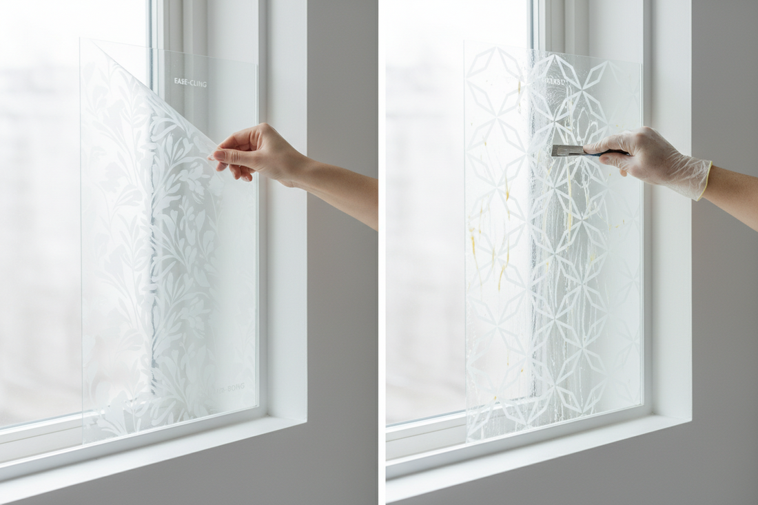 Side-by-side comparison of static cling window film being easily removed without residue versus adhesive window film removal showing sticky residue, demonstrating the damage-free benefits of non-adhesive privacy film