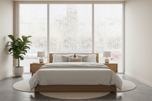 Modern bedroom with frosted privacy window film on street-facing window allowing natural light while blocking outside view