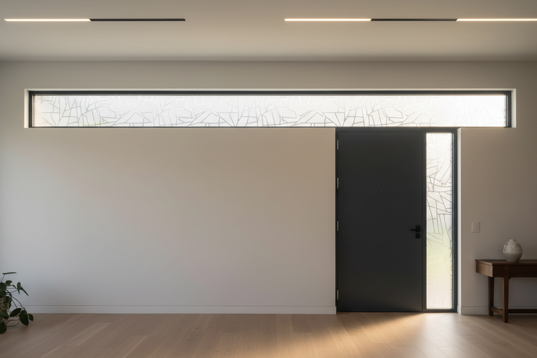 Modern transom window with frosted privacy film allowing natural light while maintaining privacy