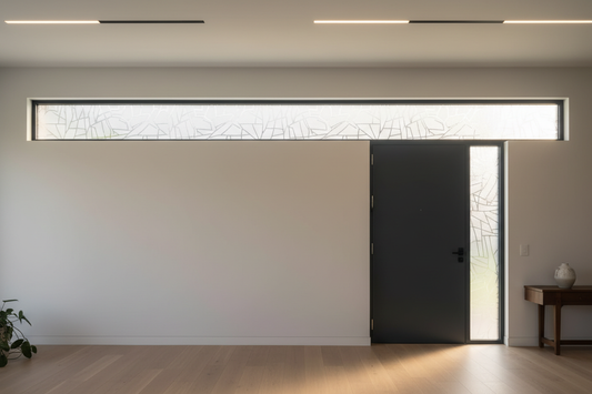 Modern transom window with frosted privacy film allowing natural light while maintaining privacy