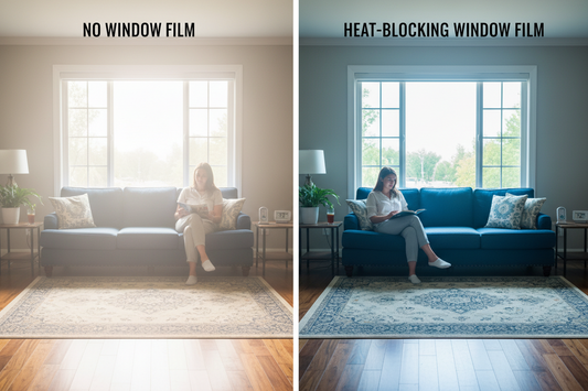 Side-by-side comparison showing furniture fading without window film versus protected vibrant colors with UV-blocking film