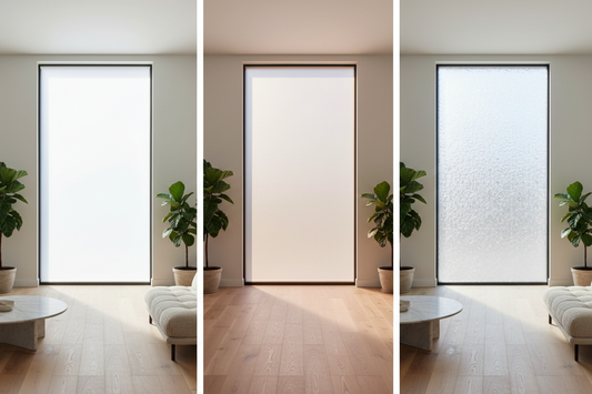 Side-by-side comparison of matte white, taupe, and frosted window film colors in a modern interior showing privacy levels and light diffusion for home décor matching