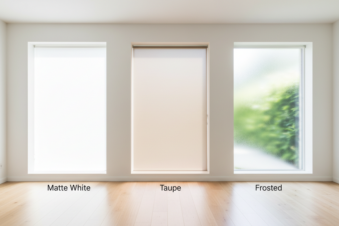 Comparison of matte white, taupe, and frosted window film colors in a modern home interior showing light transmission and privacy differences