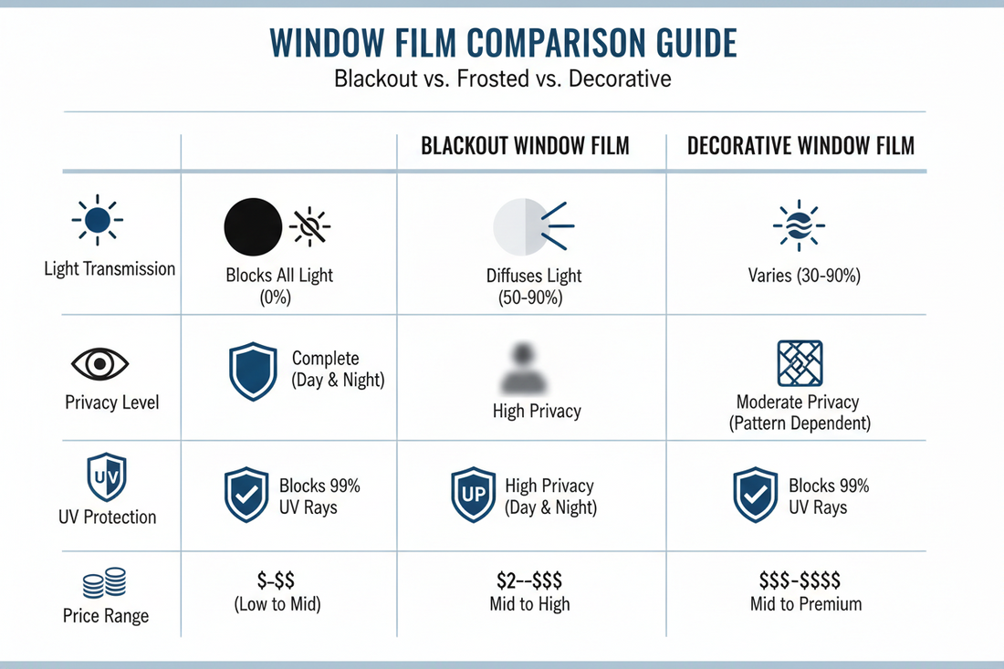Comparison infographic showing features of blackout, frosted, and decorative window films including light transmission and privacy levels