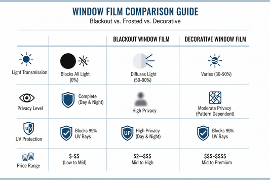 Comparison infographic showing features of blackout, frosted, and decorative window films including light transmission and privacy levels