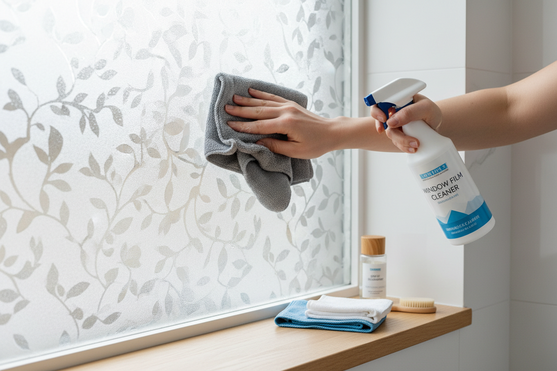 Proper window film maintenance showing hands cleaning frosted privacy film with microfiber cloth and care kit supplies