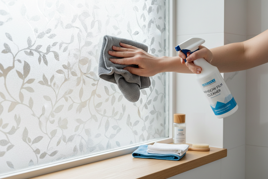 Proper window film maintenance showing hands cleaning frosted privacy film with microfiber cloth and care kit supplies