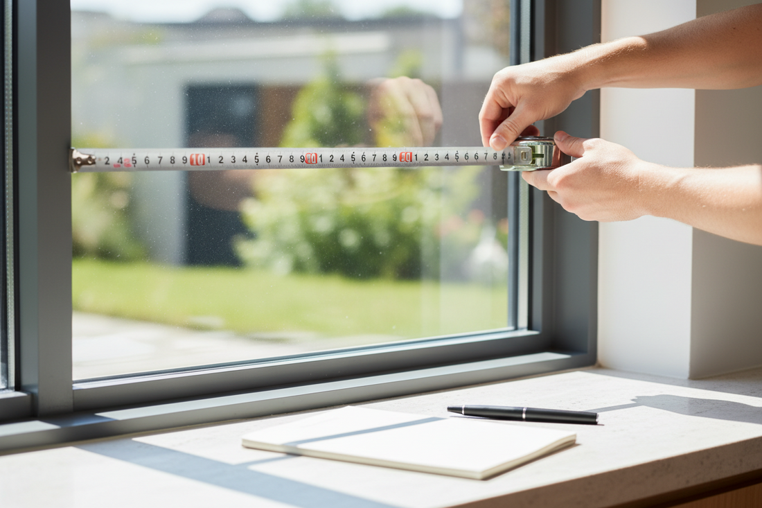 Person measuring window width with metal tape measure for accurate window film sizing and installation