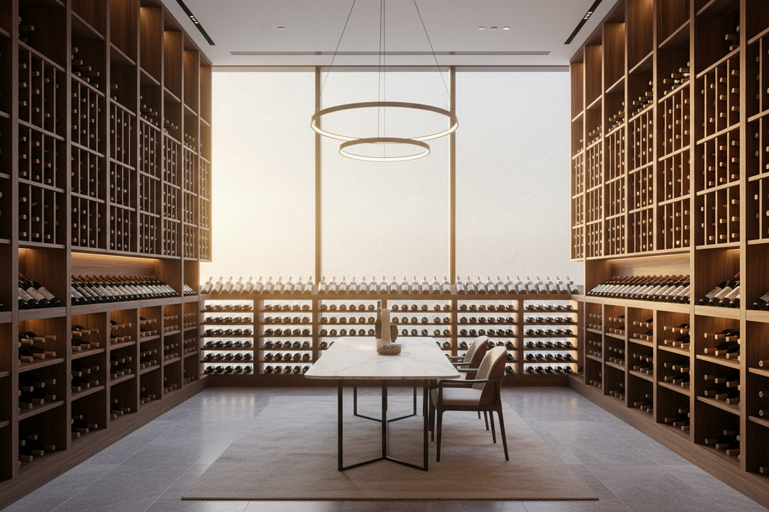 Elegant wine cellar with UV-blocking window film protecting wine collection while allowing natural light