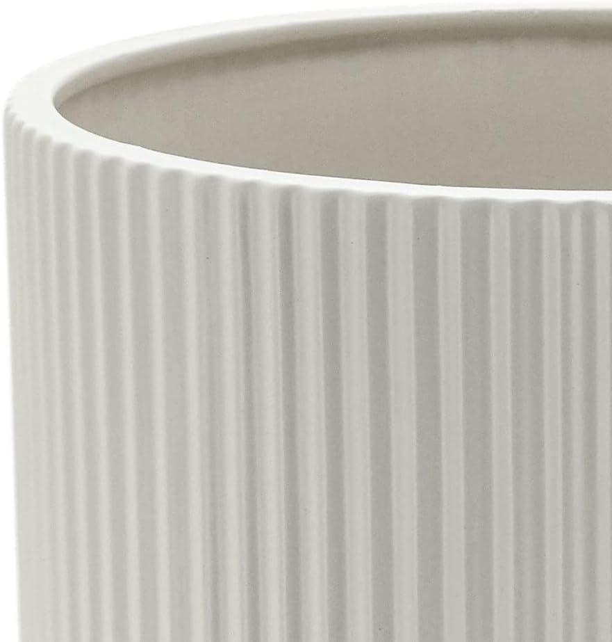 Amazon Basics Assorted Sizes Fluted Ceramic Round Indoor Outdoor Planters with Drainage, Set of 3, Modern Design, 6 inch, 8 inch, 10 inch, White