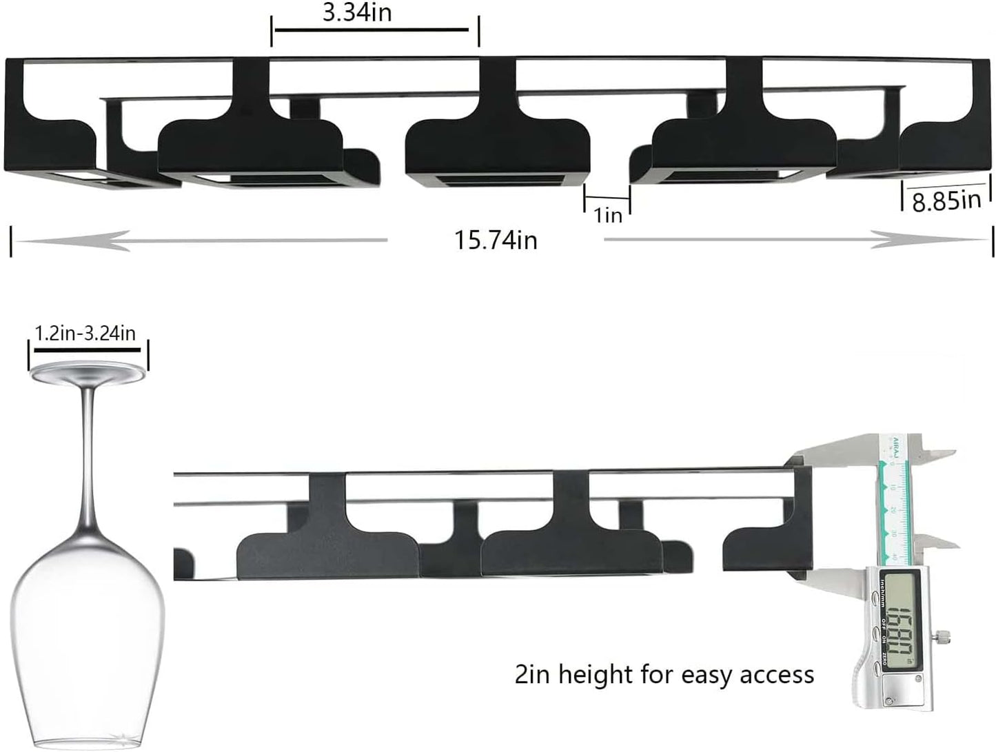 Wine Glass Rack - Under Cabinet Stemware Wine Glass Holder Glasses Storage Hanger Metal Hanging Organizer for Bar Kitchen, Black 4 Rows 2 Packs