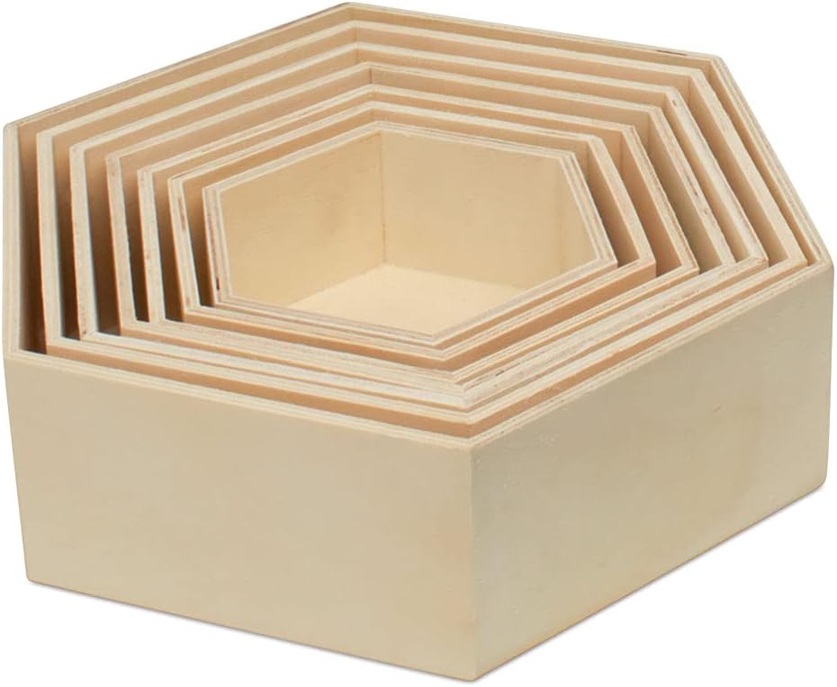 Wooden Hexagon Floating Shelves with Backs, Set of 7, Unfinished for Crafts and DIY Wall Décor: Modern, Geometric, Rustic, or Honeycomb, by Woodpeckers