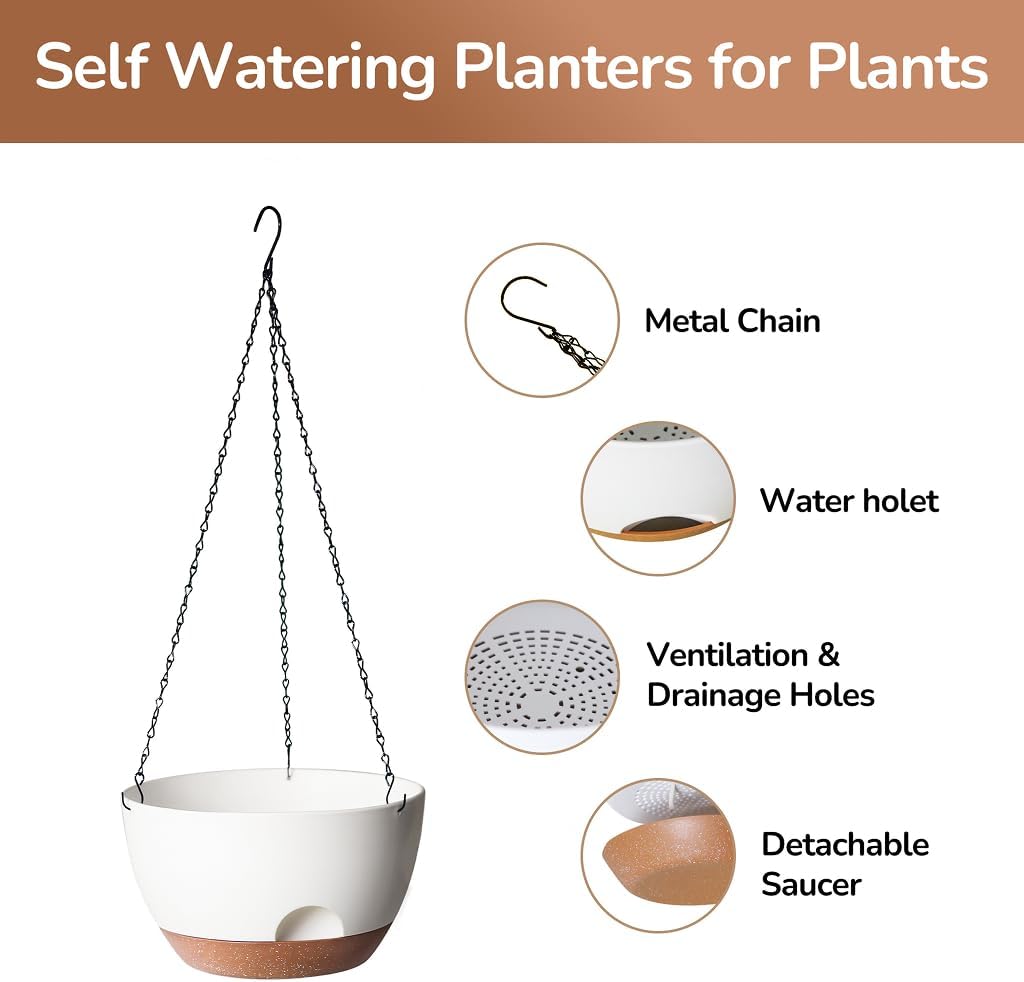 12 Inch Hanging Baskets for Plants Outdoor, Hanging Planters for Indoor Outdoor Plants, Hanging Planter with Self Watering, Hanging Flower Pots (White)