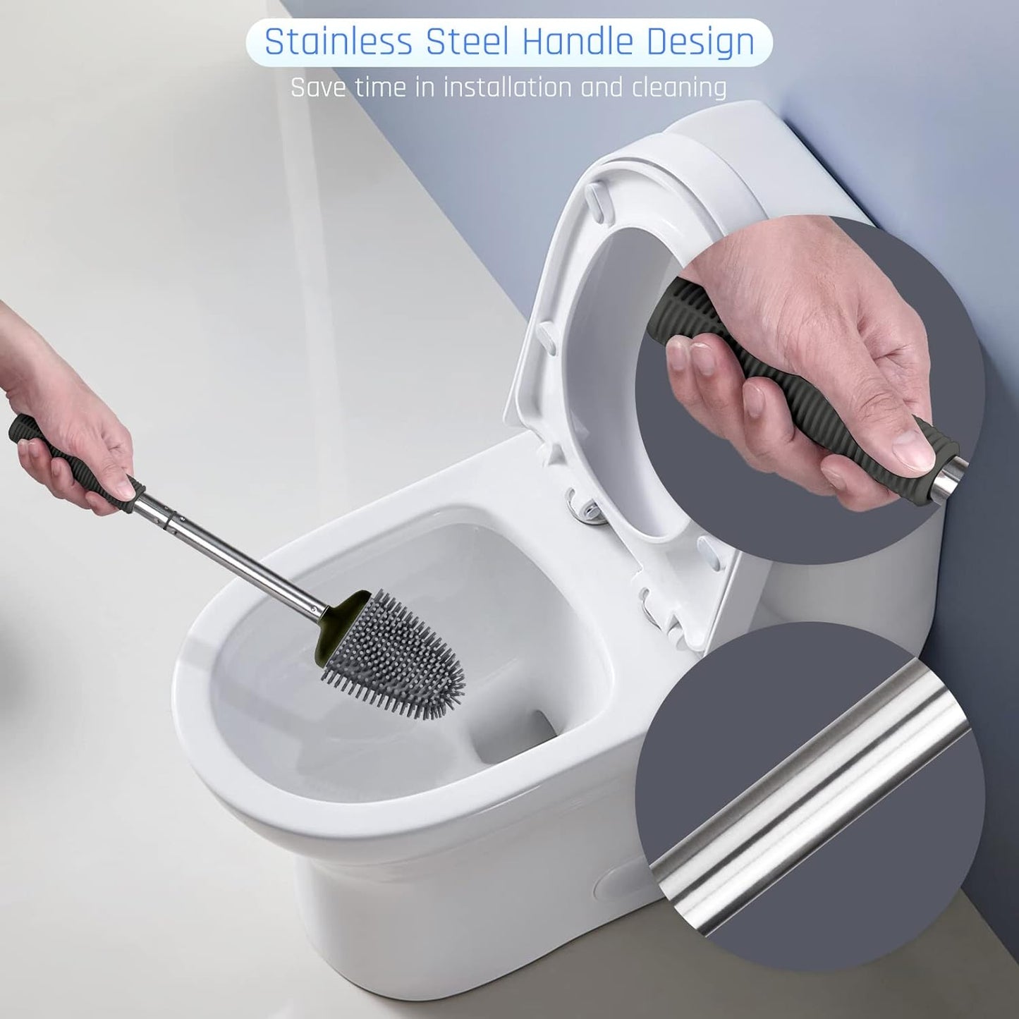 Sellemer Toilet Brush and Holder Set - Flexible Toilet Bowl Brush Head with Silicone Bristles, Compact Size for Storage and Organization, Ventilation Slots Base (1 Pack, Black)