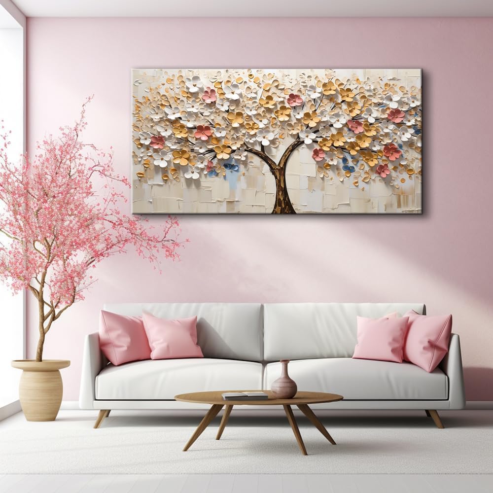 LASMOND 2D Flat White Spring Large Tree of Life Wall Art Office Decor Living Room Modern Painting Prints Pictures Abstract Floral Flower Nature Canvas Large Landscape Artwork (28x58 Inches)
