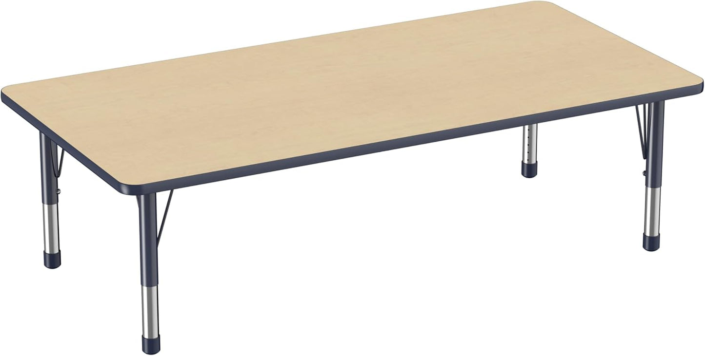 Factory Direct Partners FDP Rectangle Activity School and Classroom Kids Table (36 x 72 inch), Toddler Legs, Adjustable Height 15-24 inches - Maple Top and Navy Edge