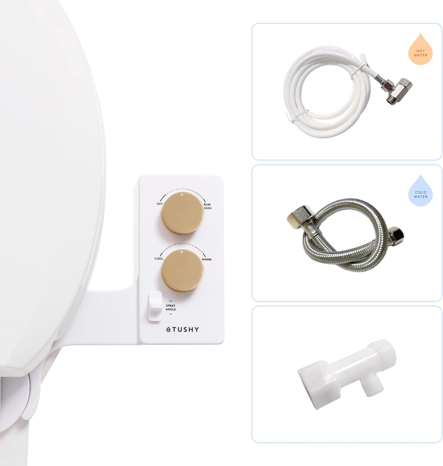 TUSHY Spa Royale Warm Water Bidet Seat Attachment. Self Cleaning Water Sprayer, Adjustable Pressure Nozzle, Angle Control. (Requires Sink Access for Water Temperature Control), Gold Knobs