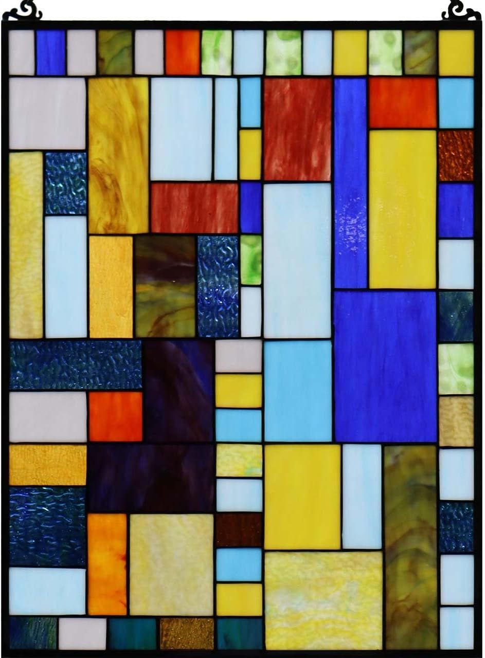 Bieye Geometric Color Block Tiffany Style Stained Glass Window Panel with Hanging Chain (18x25 inches W10091)