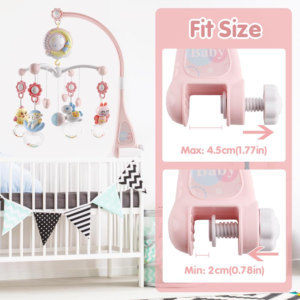 Baby Musical Crib Mobile with Timing Function Projector and Lights,Hanging Rotating Rattles and Remote Control Music Box with 150 Melodies,Toy for Newborn 0-24 Months