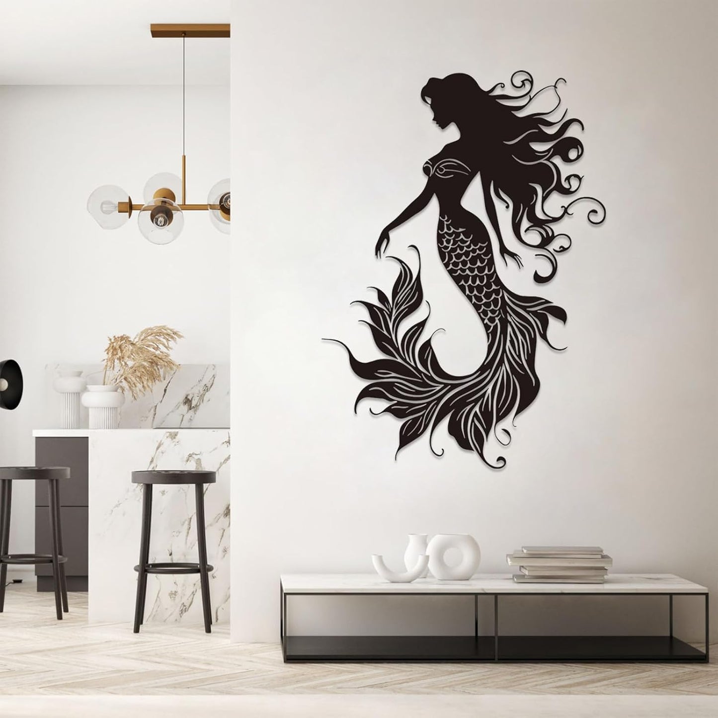 Veplsur Mermaid Metal Wall Art, Metal Mermaid Wall Decor, Marine Biology Wall Decor, Ocean Wall Art, Nautical Wall Hanging, Beach Hanging for Bathroom Bedroom (Gold, 30"x21"|76x54cm)