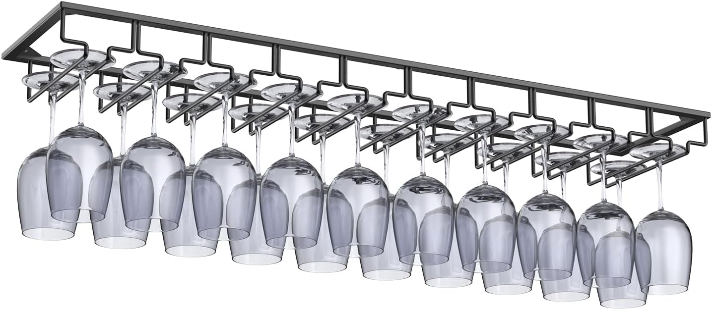 Xverycan Wine Glass Rack Under Cabinet, 10 Row Extreme Large Stemware Hanger, Metal Wine Goblet Holder, DIY Bar Glass Storage Rack for Bar Counter, Kitchen, Screws Included