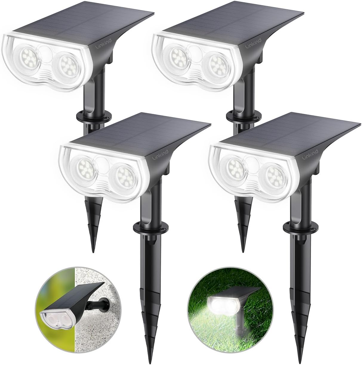 Linkind Solar Lights Outdoor Waterproof IP67, StarRay Dusk-to-Dawn Outdoor Solar Lights, 3 Lighting Modes Solar Spot Lights Outdoor for Garden, Yard, Landscape (Daylight, 4 Pack)