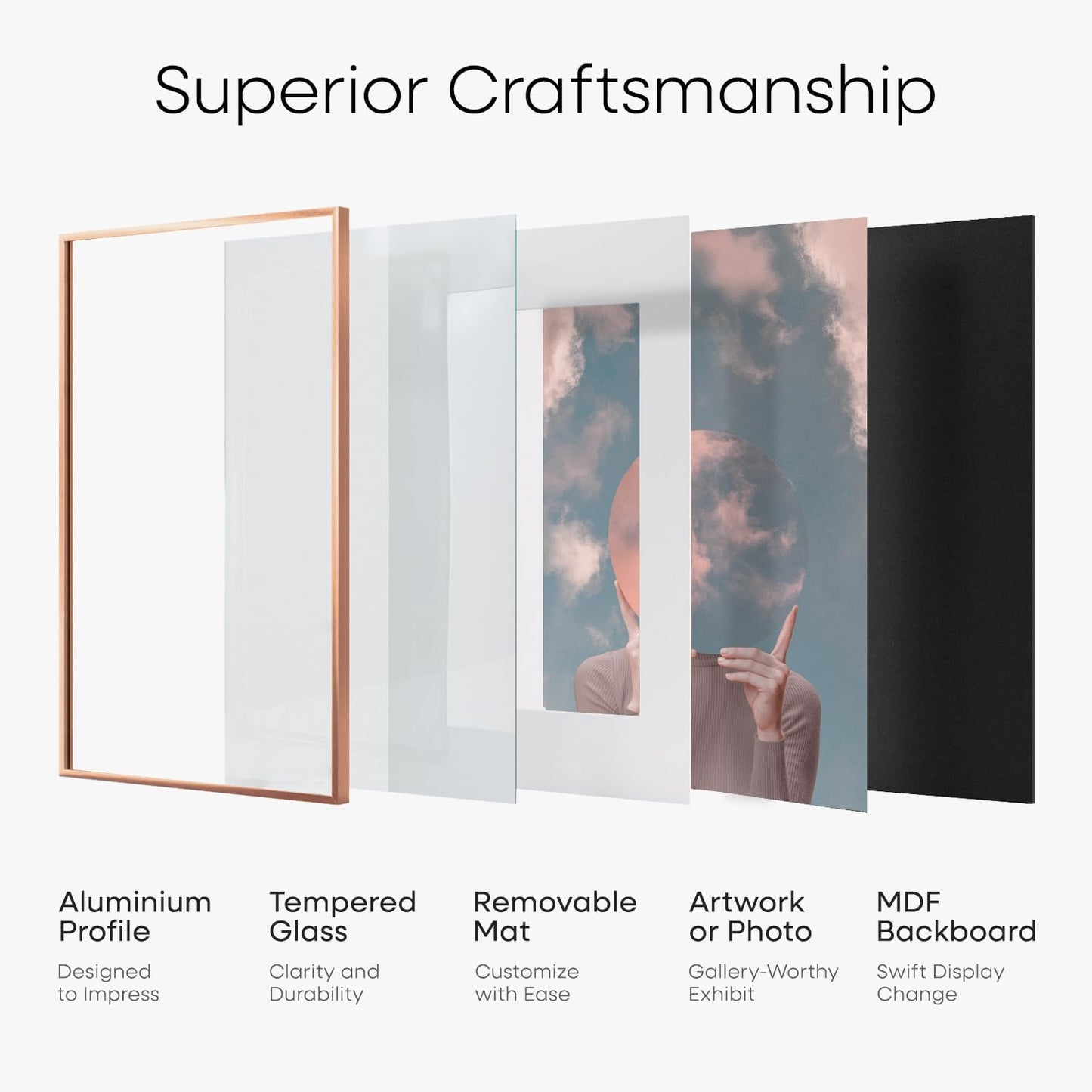 Homeforia 20x20 Picture Frame Rose Gold, High End Metal 20 x 20 Square Poster Frame with Mat 16 x 16 Photo, 20x20 Frame Matted to 16x16 Print, 20by20 Hanging Frames, Tempered Glass, Wall Kit, Set of 1