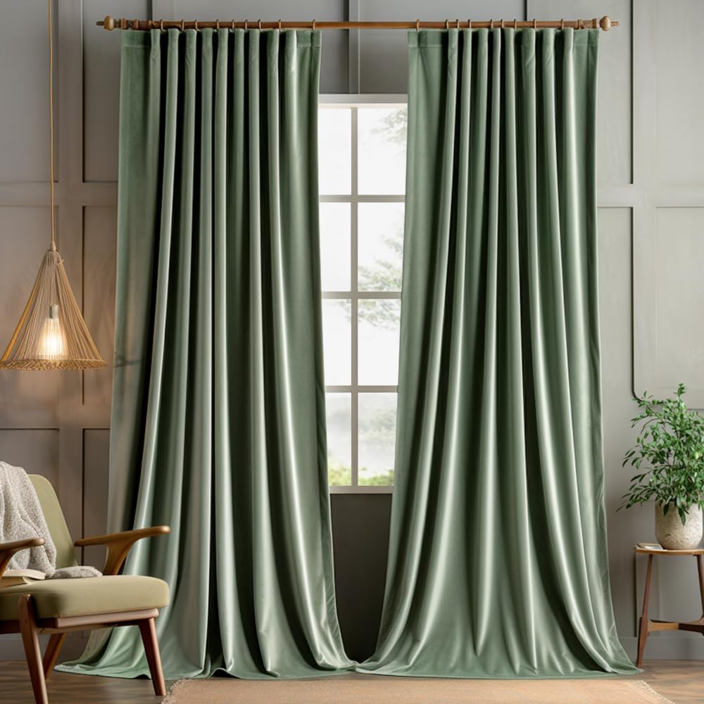 MIULEE Sage Green Velvet Curtains 120 inches 2 Panels - Pinch Pleated Luxury Room Darkening Window Drapes for Bedroom Living Room Blackout Thermal Insulated Super Soft, Back Tab Rod Pocket, W52 x L120