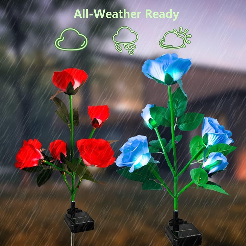 Solar Garden Decor Outdoor Lights, 4 Pack Waterproof Garden Lights for Outside, 16 Solar Rose, Multi-Color Changing Solar Flower Decor for Yard, Patio, Gifts for Women (7-Color Rose)