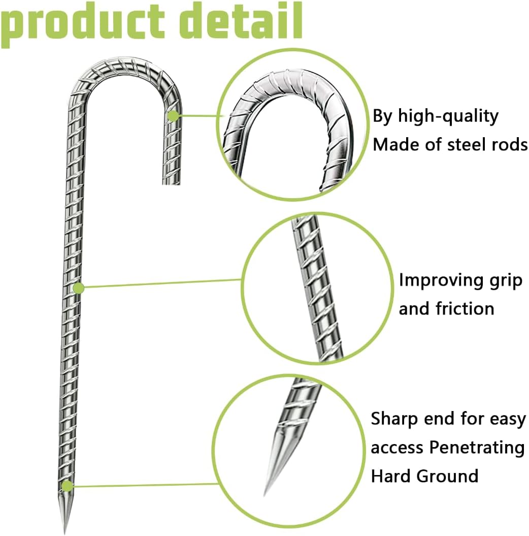 J-Hook-Rebar-Stakes-12 Inch, Ground Stakes Heavy Duty Rebar Stakes for Camping 8pcs Rebar Stakes Rust Proof Coated Metal for Flower Gardens Dog Fence Camping Tents Chicken Coop