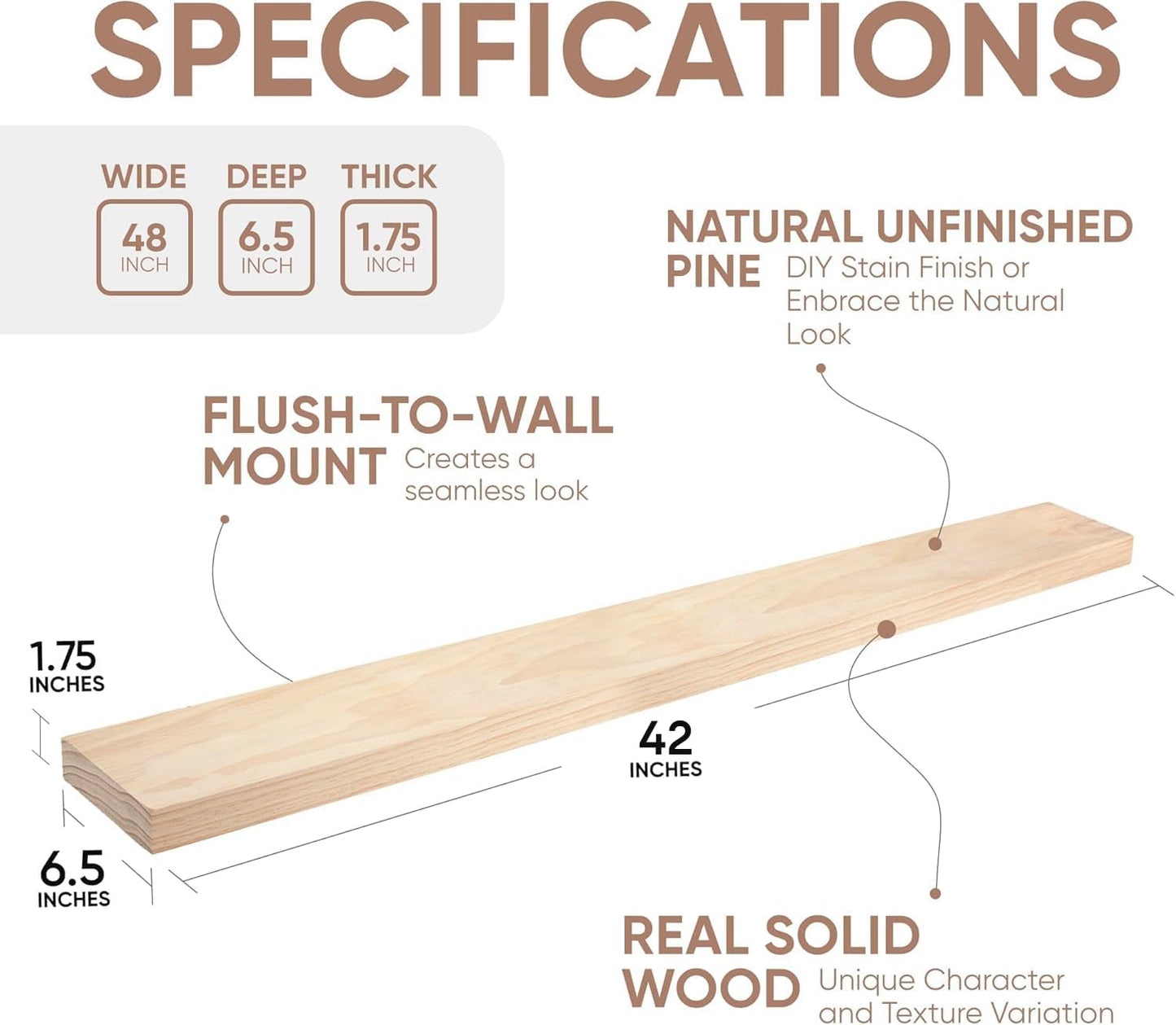 Homeforia 42 inch Wood Floating Shelf, High End Solid Natural Wood 42inch Large Floating Shelves for Wall Mounted, Unfinished Wooden Floating Shelves, Heavy Duty Bracket, 42 X 6.5 X 1.75 in, Set of 2
